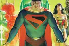 cover art from the comic book Kingdom Come featuring Superman posing with various other DC heroes